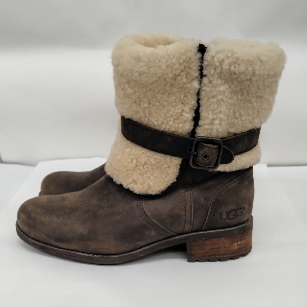 UGG Brown Leather Shearling Cuff Ankle Boots